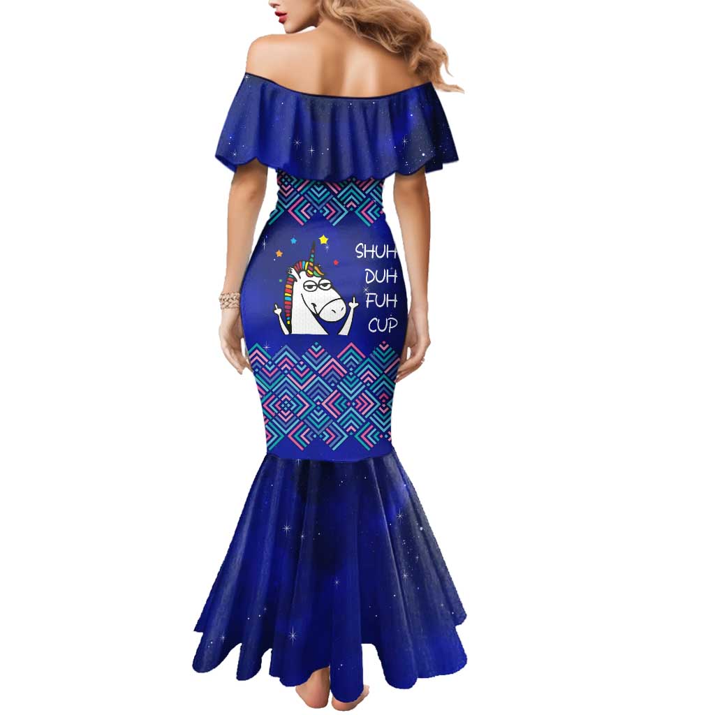 Funny Unicorn Family Matching Mermaid Dress and Hawaiian Shirt with Shuh Duh Fuh Cup Quote Blue Geometric and Cartoon - Wonder Print Shop