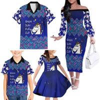 Funny Unicorn Family Matching Off The Shoulder Long Sleeve Dress and Hawaiian Shirt with Shuh Duh Fuh Cup Quote Blue Geometric and Cartoon - Wonder Print Shop