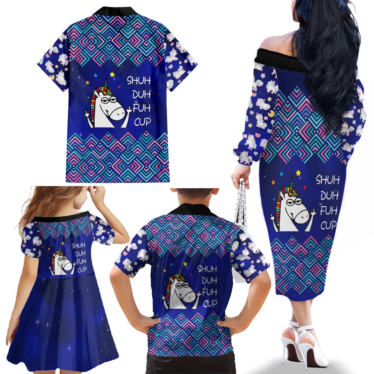 Funny Unicorn Family Matching Off The Shoulder Long Sleeve Dress and Hawaiian Shirt with Shuh Duh Fuh Cup Quote Blue Geometric and Cartoon - Wonder Print Shop