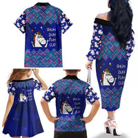 Funny Unicorn Family Matching Off The Shoulder Long Sleeve Dress and Hawaiian Shirt with Shuh Duh Fuh Cup Quote Blue Geometric and Cartoon - Wonder Print Shop