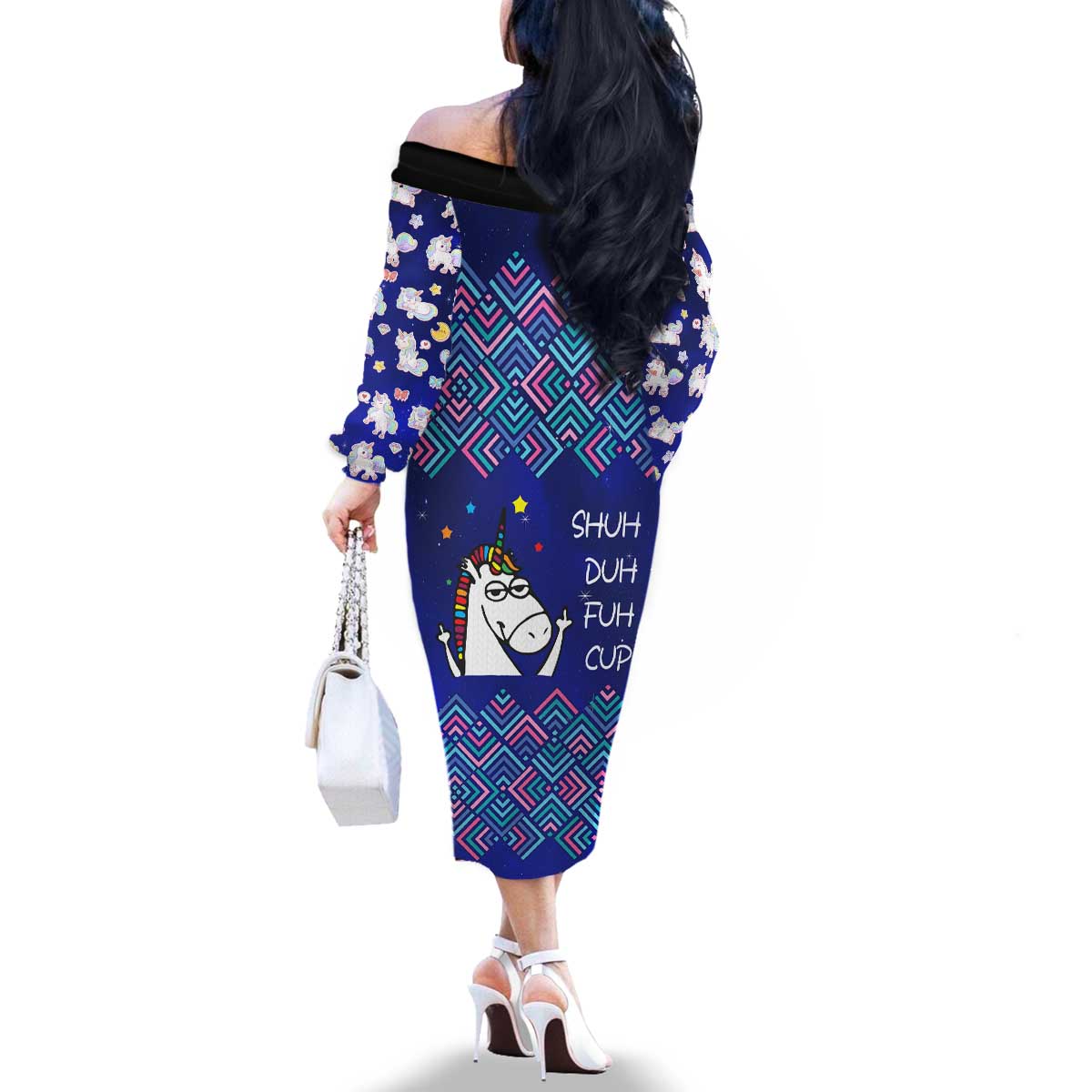 Funny Unicorn Family Matching Off The Shoulder Long Sleeve Dress and Hawaiian Shirt with Shuh Duh Fuh Cup Quote Blue Geometric and Cartoon - Wonder Print Shop