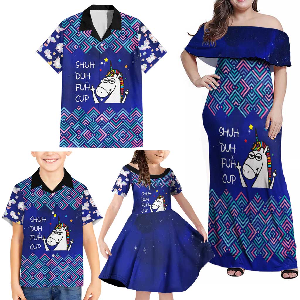 Funny Unicorn Family Matching Off Shoulder Maxi Dress and Hawaiian Shirt with Shuh Duh Fuh Cup Quote Blue Geometric and Cartoon - Wonder Print Shop