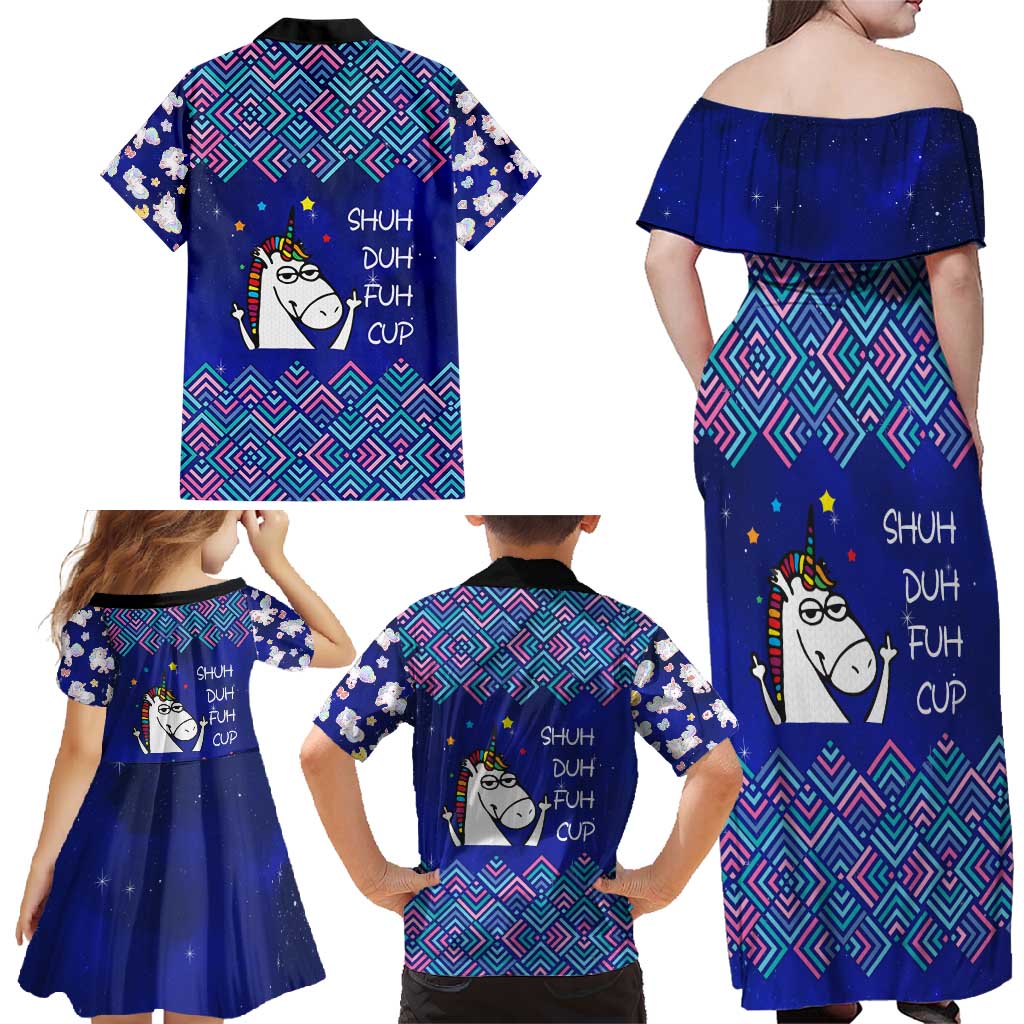 Funny Unicorn Family Matching Off Shoulder Maxi Dress and Hawaiian Shirt with Shuh Duh Fuh Cup Quote Blue Geometric and Cartoon - Wonder Print Shop
