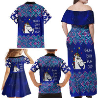 Funny Unicorn Family Matching Off Shoulder Maxi Dress and Hawaiian Shirt with Shuh Duh Fuh Cup Quote Blue Geometric and Cartoon - Wonder Print Shop