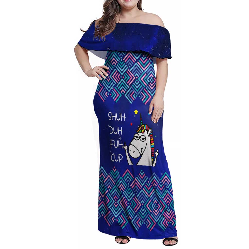 Funny Unicorn Family Matching Off Shoulder Maxi Dress and Hawaiian Shirt with Shuh Duh Fuh Cup Quote Blue Geometric and Cartoon - Wonder Print Shop
