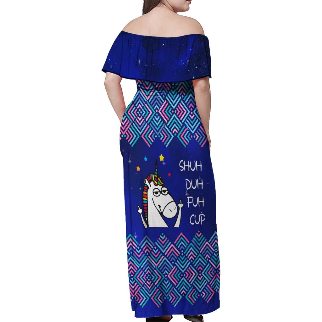 Funny Unicorn Family Matching Off Shoulder Maxi Dress and Hawaiian Shirt with Shuh Duh Fuh Cup Quote Blue Geometric and Cartoon - Wonder Print Shop