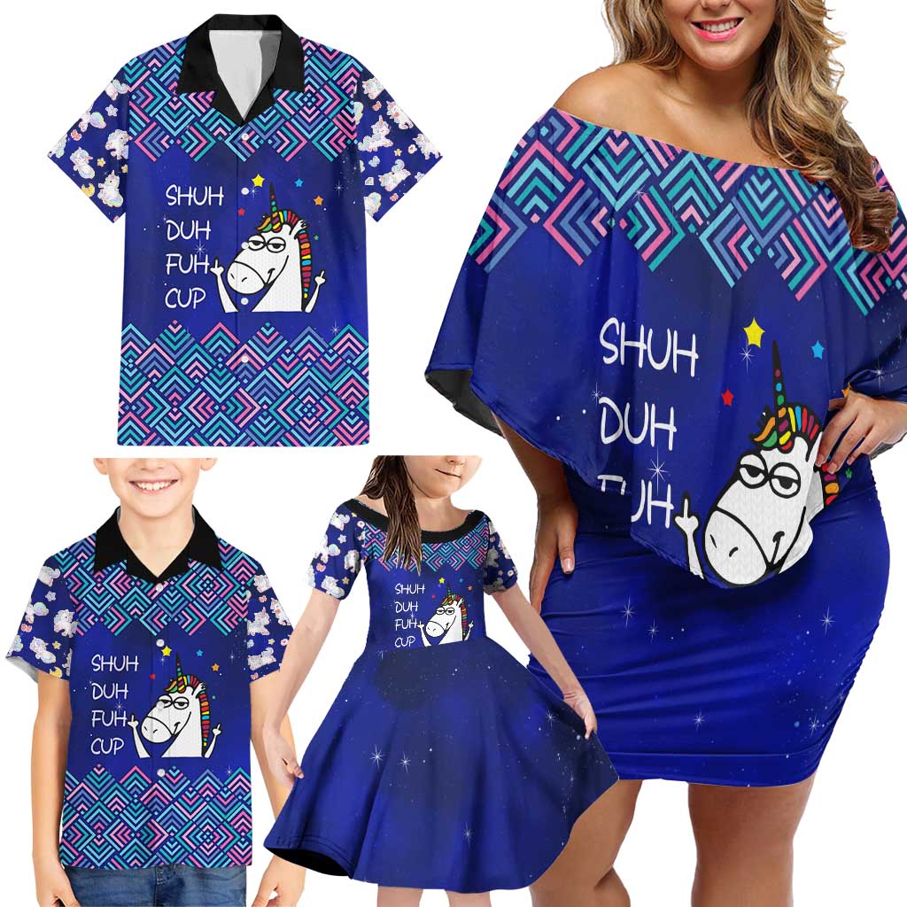 Funny Unicorn Family Matching Off Shoulder Short Dress and Hawaiian Shirt with Shuh Duh Fuh Cup Quote Blue Geometric and Cartoon - Wonder Print Shop