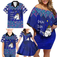 Funny Unicorn Family Matching Off Shoulder Short Dress and Hawaiian Shirt with Shuh Duh Fuh Cup Quote Blue Geometric and Cartoon - Wonder Print Shop