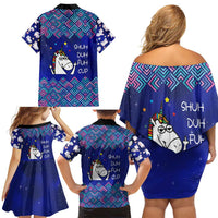 Funny Unicorn Family Matching Off Shoulder Short Dress and Hawaiian Shirt with Shuh Duh Fuh Cup Quote Blue Geometric and Cartoon - Wonder Print Shop
