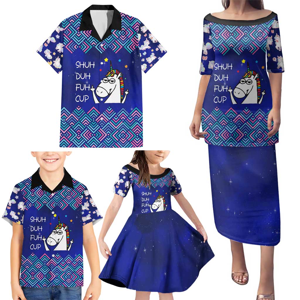 Funny Unicorn Family Matching Puletasi and Hawaiian Shirt with Shuh Duh Fuh Cup Quote Blue Geometric and Cartoon - Wonder Print Shop