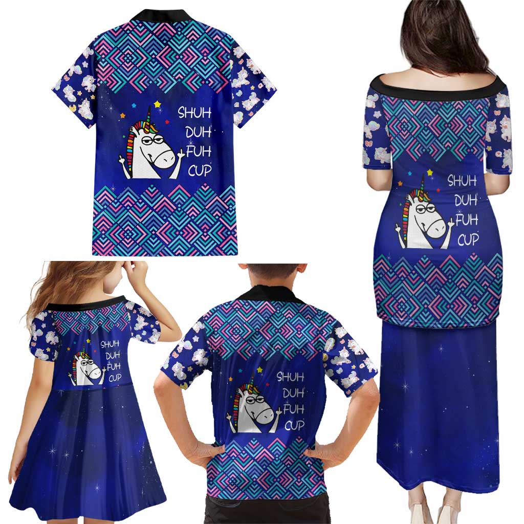 Funny Unicorn Family Matching Puletasi and Hawaiian Shirt with Shuh Duh Fuh Cup Quote Blue Geometric and Cartoon - Wonder Print Shop