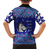 Funny Unicorn Family Matching Short Sleeve Bodycon Dress and Hawaiian Shirt with Shuh Duh Fuh Cup Quote Blue Geometric and Cartoon - Wonder Print Shop