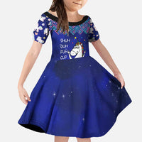Funny Unicorn Family Matching Short Sleeve Bodycon Dress and Hawaiian Shirt with Shuh Duh Fuh Cup Quote Blue Geometric and Cartoon - Wonder Print Shop