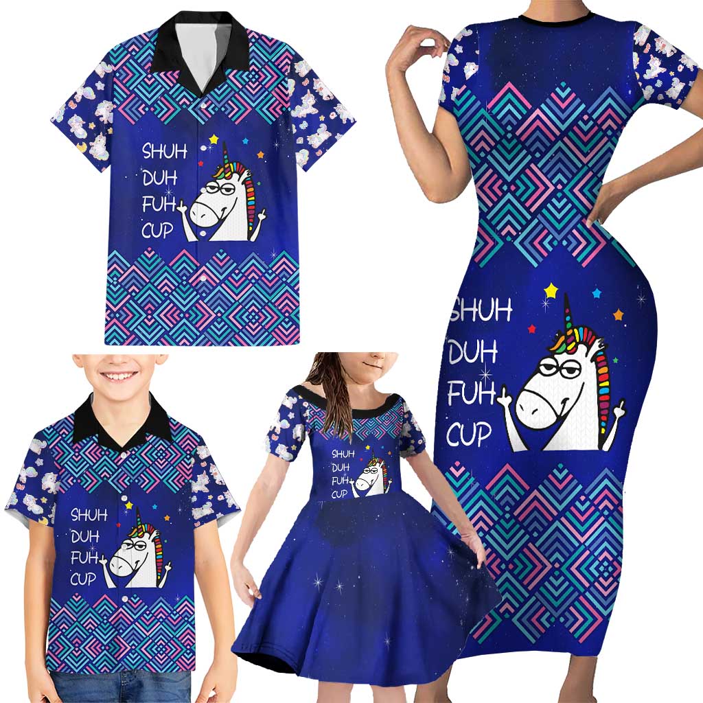Funny Unicorn Family Matching Short Sleeve Bodycon Dress and Hawaiian Shirt with Shuh Duh Fuh Cup Quote Blue Geometric and Cartoon - Wonder Print Shop