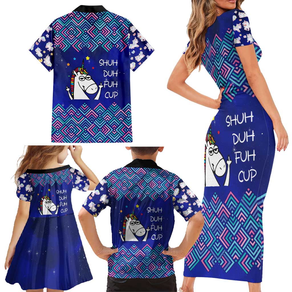 Funny Unicorn Family Matching Short Sleeve Bodycon Dress and Hawaiian Shirt with Shuh Duh Fuh Cup Quote Blue Geometric and Cartoon - Wonder Print Shop