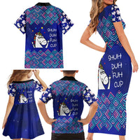 Funny Unicorn Family Matching Short Sleeve Bodycon Dress and Hawaiian Shirt with Shuh Duh Fuh Cup Quote Blue Geometric and Cartoon - Wonder Print Shop