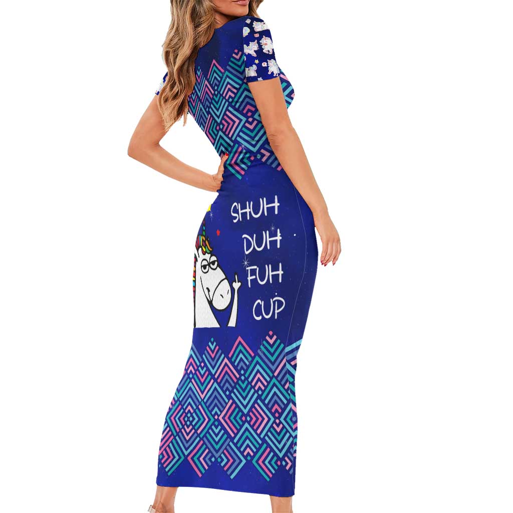 Funny Unicorn Family Matching Short Sleeve Bodycon Dress and Hawaiian Shirt with Shuh Duh Fuh Cup Quote Blue Geometric and Cartoon - Wonder Print Shop