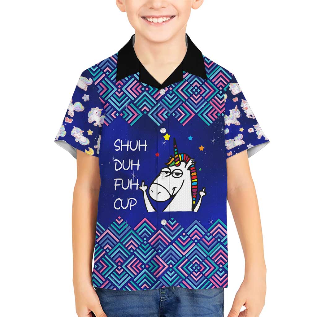 Funny Unicorn Family Matching Short Sleeve Bodycon Dress and Hawaiian Shirt with Shuh Duh Fuh Cup Quote Blue Geometric and Cartoon - Wonder Print Shop