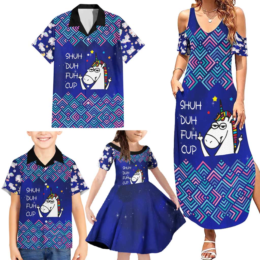 Funny Unicorn Family Matching Summer Maxi Dress and Hawaiian Shirt with Shuh Duh Fuh Cup Quote Blue Geometric and Cartoon - Wonder Print Shop