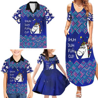 Funny Unicorn Family Matching Summer Maxi Dress and Hawaiian Shirt with Shuh Duh Fuh Cup Quote Blue Geometric and Cartoon - Wonder Print Shop