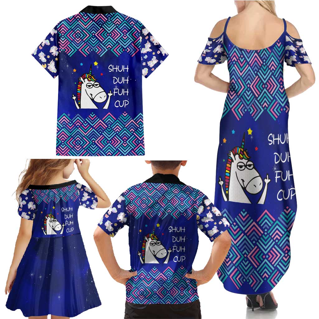 Funny Unicorn Family Matching Summer Maxi Dress and Hawaiian Shirt with Shuh Duh Fuh Cup Quote Blue Geometric and Cartoon - Wonder Print Shop
