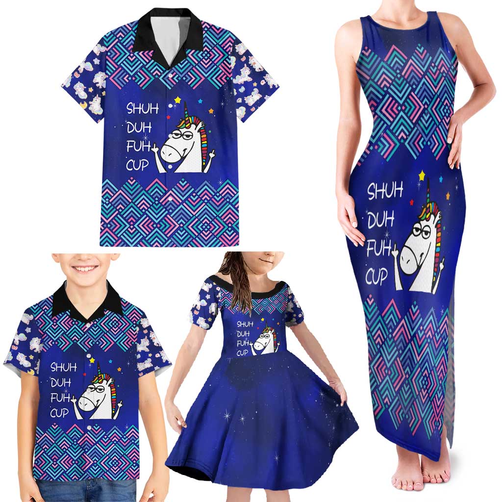 Funny Unicorn Family Matching Tank Maxi Dress and Hawaiian Shirt with Shuh Duh Fuh Cup Quote Blue Geometric and Cartoon - Wonder Print Shop
