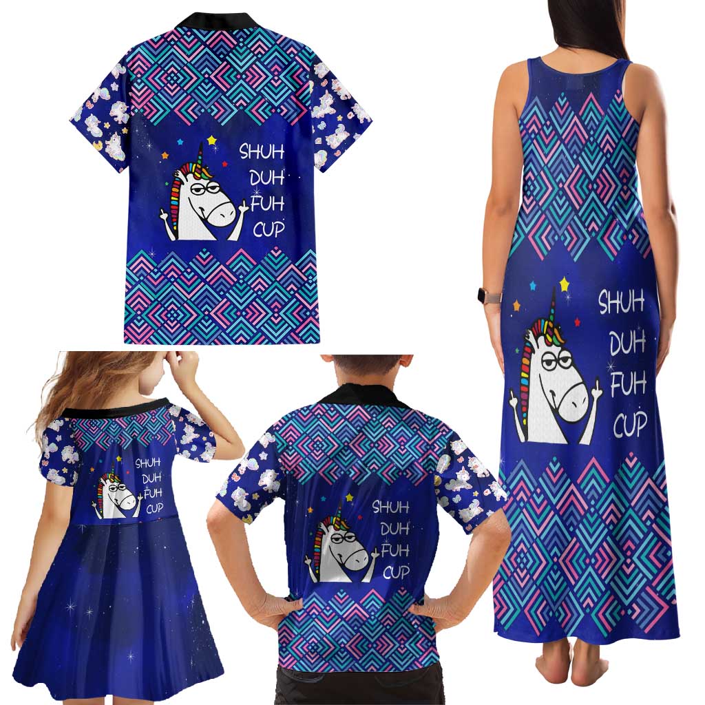 Funny Unicorn Family Matching Tank Maxi Dress and Hawaiian Shirt with Shuh Duh Fuh Cup Quote Blue Geometric and Cartoon - Wonder Print Shop