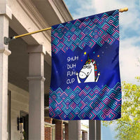 Funny Unicorn Garden Flag with Shuh Duh Fuh Cup Quote Blue Geometric and Cartoon - Wonder Print Shop