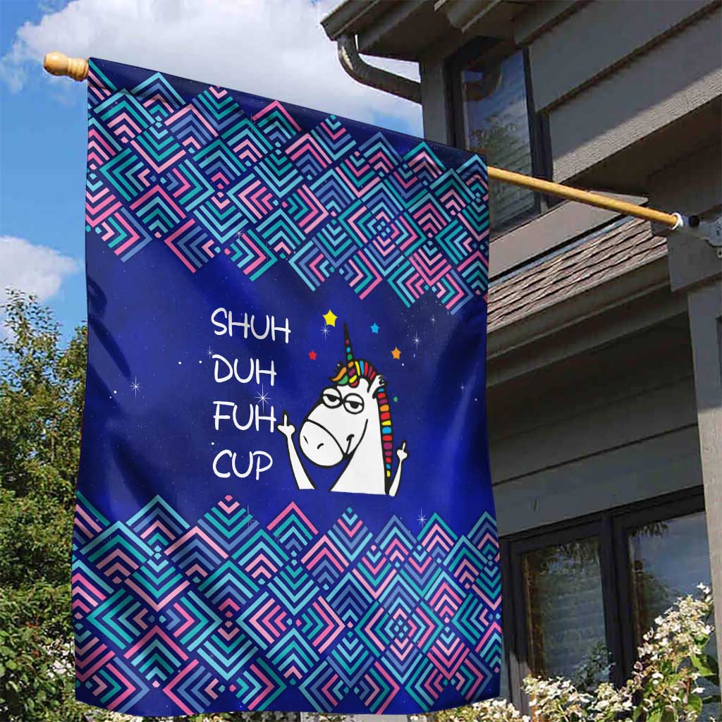 Funny Unicorn Garden Flag with Shuh Duh Fuh Cup Quote Blue Geometric and Cartoon - Wonder Print Shop
