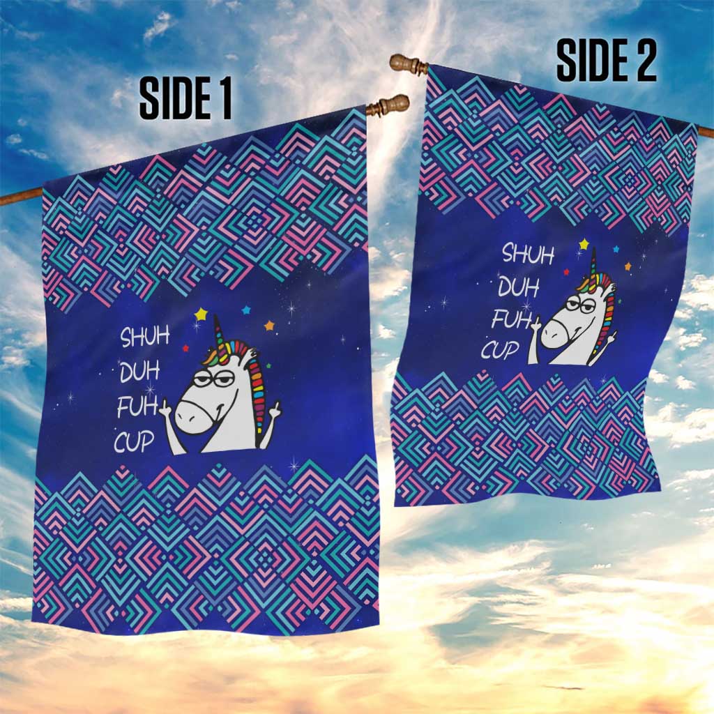 Funny Unicorn Garden Flag with Shuh Duh Fuh Cup Quote Blue Geometric and Cartoon - Wonder Print Shop