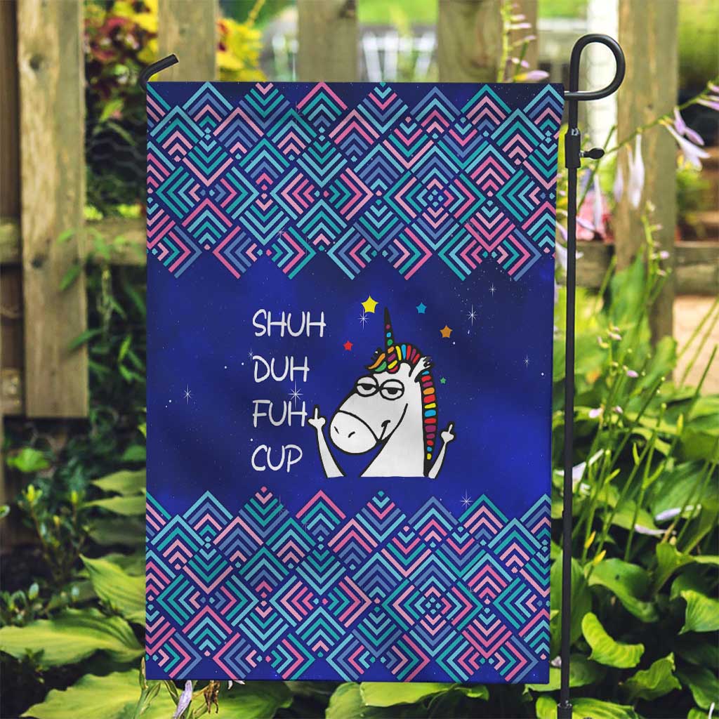 Funny Unicorn Garden Flag with Shuh Duh Fuh Cup Quote Blue Geometric and Cartoon - Wonder Print Shop