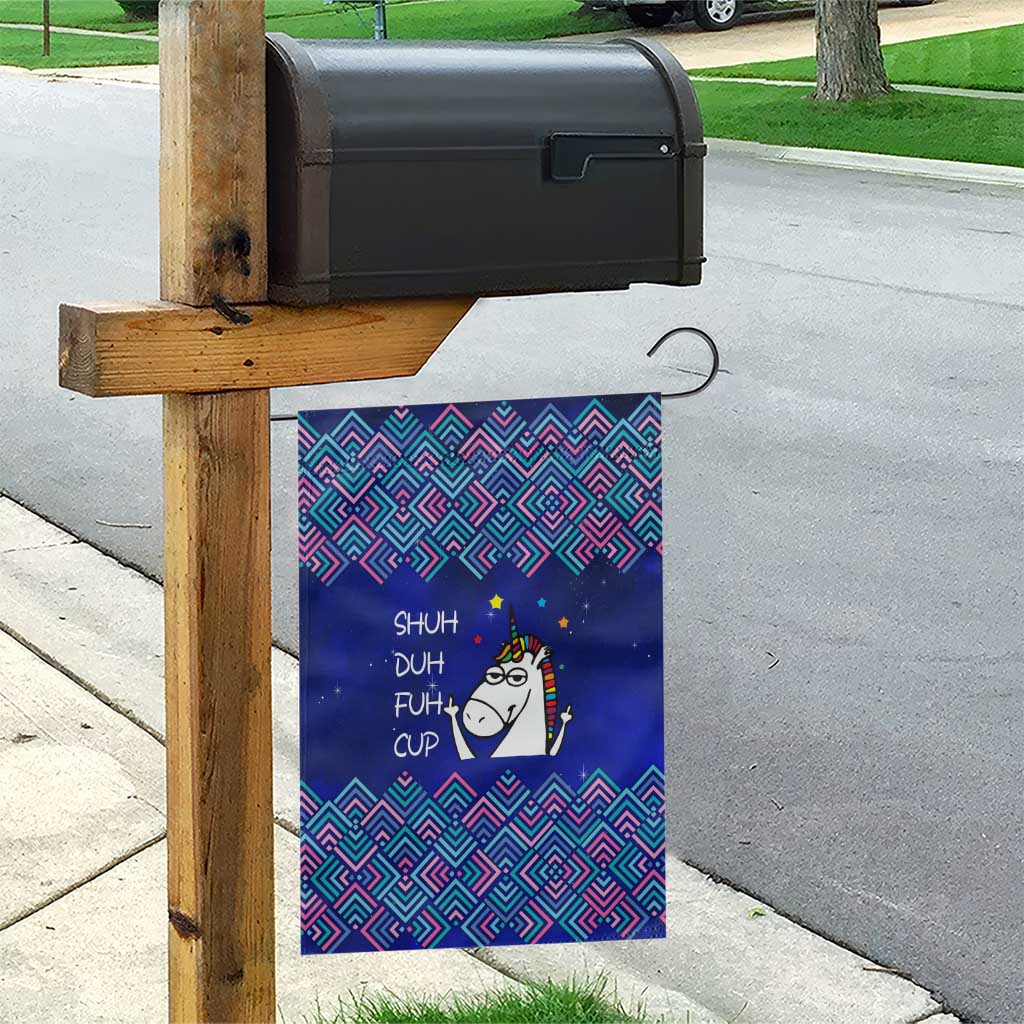 Funny Unicorn Garden Flag with Shuh Duh Fuh Cup Quote Blue Geometric and Cartoon - Wonder Print Shop