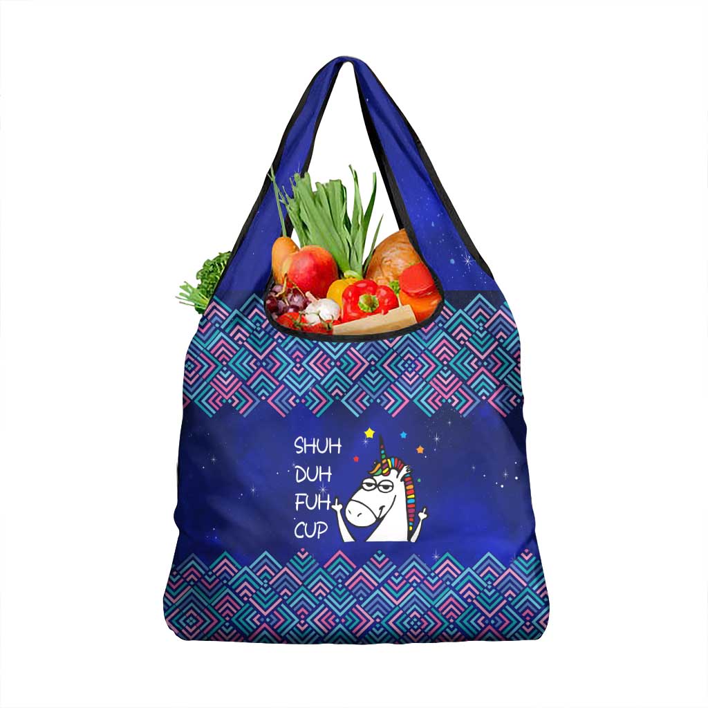 Funny Unicorn Grocery Bag with Shuh Duh Fuh Cup Quote Blue Geometric and Cartoon - Wonder Print Shop
