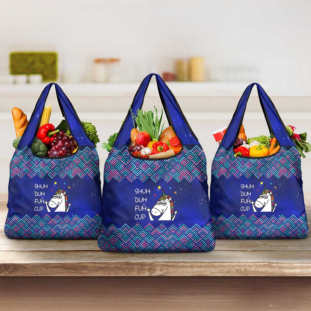 Funny Unicorn Grocery Bag with Shuh Duh Fuh Cup Quote Blue Geometric and Cartoon - Wonder Print Shop
