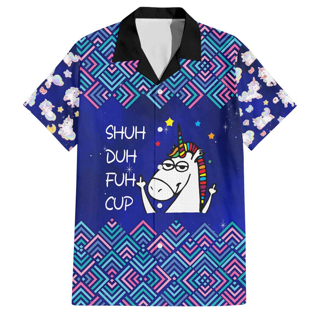 Funny Unicorn Hawaiian Shirt with Shuh Duh Fuh Cup Quote Blue Geometric and Cartoon - Wonder Print Shop