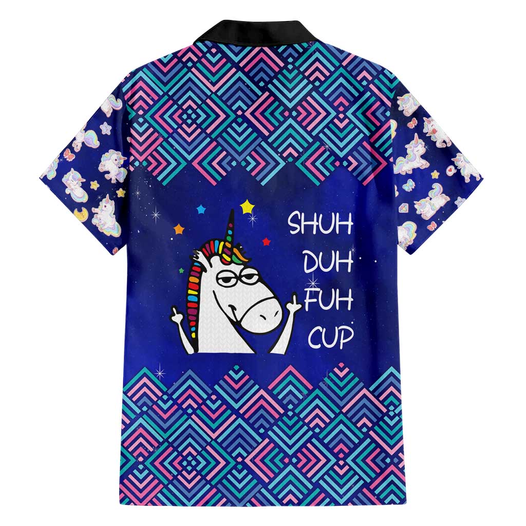 Funny Unicorn Hawaiian Shirt with Shuh Duh Fuh Cup Quote Blue Geometric and Cartoon - Wonder Print Shop