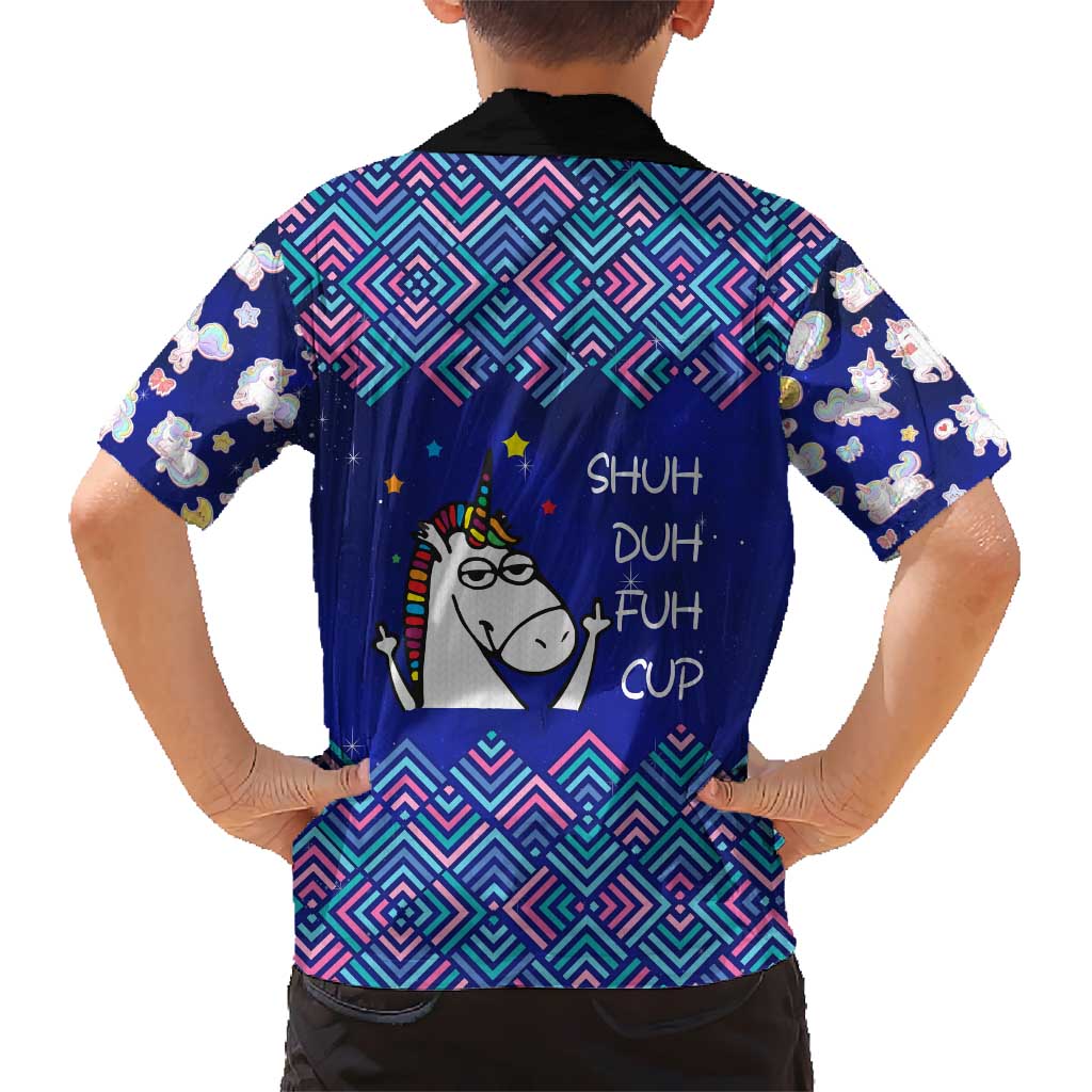 Funny Unicorn Hawaiian Shirt with Shuh Duh Fuh Cup Quote Blue Geometric and Cartoon - Wonder Print Shop