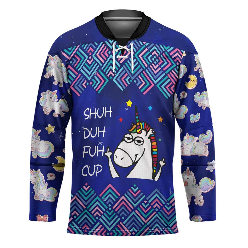 Funny Unicorn Hockey Jersey with Shuh Duh Fuh Cup Quote Blue Geometric and Cartoon - Wonder Print Shop