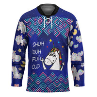 Funny Unicorn Hockey Jersey with Shuh Duh Fuh Cup Quote Blue Geometric and Cartoon - Wonder Print Shop