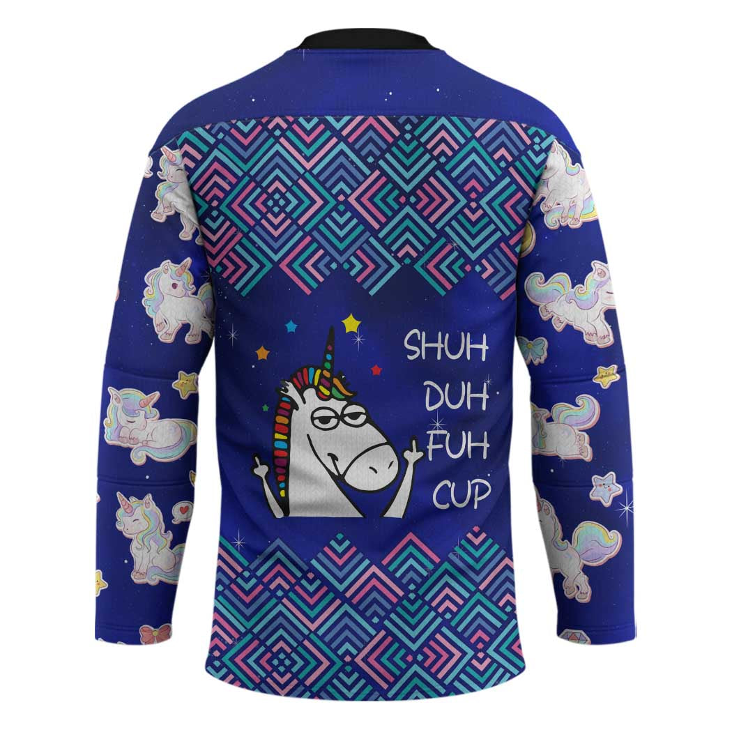 Funny Unicorn Hockey Jersey with Shuh Duh Fuh Cup Quote Blue Geometric and Cartoon - Wonder Print Shop