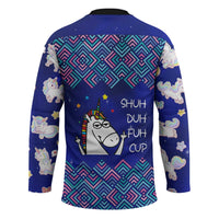 Funny Unicorn Hockey Jersey with Shuh Duh Fuh Cup Quote Blue Geometric and Cartoon - Wonder Print Shop