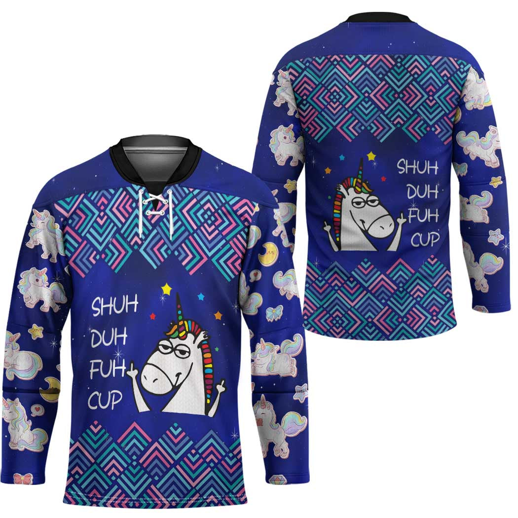 Funny Unicorn Hockey Jersey with Shuh Duh Fuh Cup Quote Blue Geometric and Cartoon - Wonder Print Shop