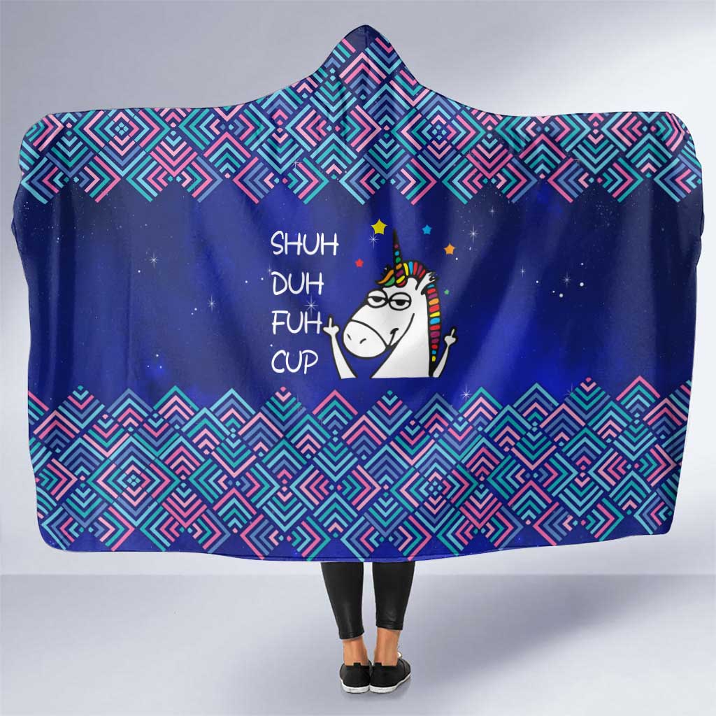 Funny Unicorn Hooded Blanket with Shuh Duh Fuh Cup Quote Blue Geometric and Cartoon - Wonder Print Shop