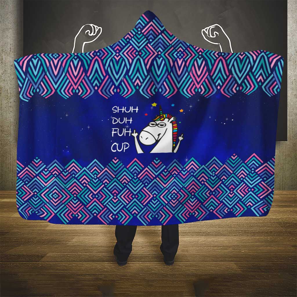 Funny Unicorn Hooded Blanket with Shuh Duh Fuh Cup Quote Blue Geometric and Cartoon - Wonder Print Shop
