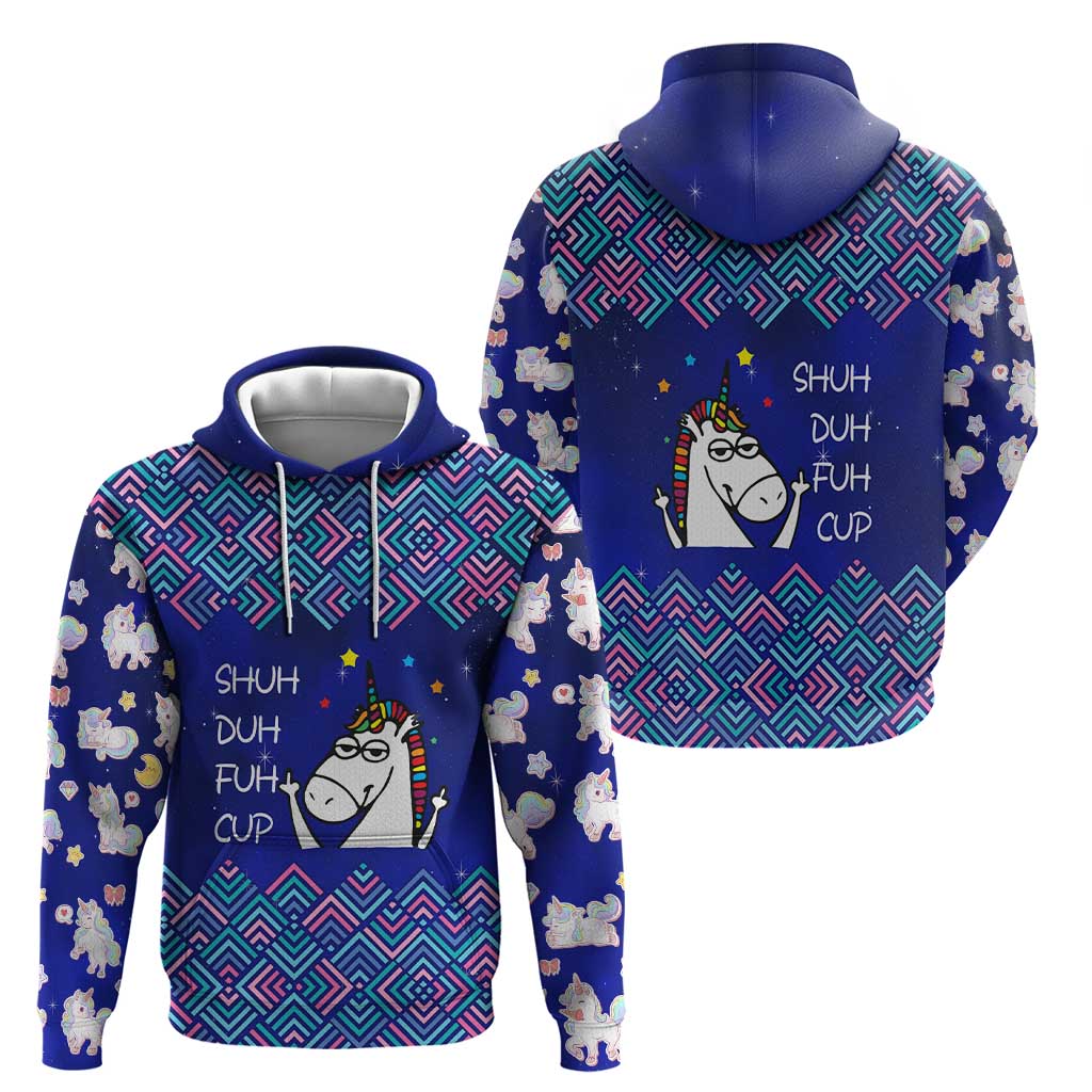 Funny Unicorn Hoodie with Shuh Duh Fuh Cup Quote Blue Geometric and Cartoon - Wonder Print Shop