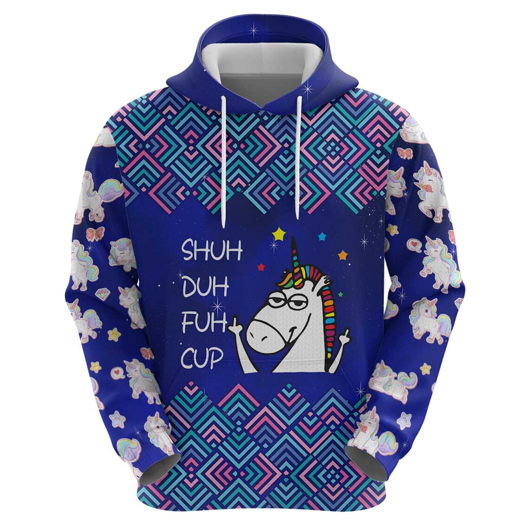 Funny Unicorn Hoodie with Shuh Duh Fuh Cup Quote Blue Geometric and Cartoon - Wonder Print Shop