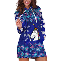 Funny Unicorn Hoodie Dress with Shuh Duh Fuh Cup Quote Blue Geometric and Cartoon - Wonder Print Shop