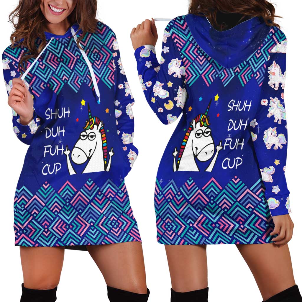 Funny Unicorn Hoodie Dress with Shuh Duh Fuh Cup Quote Blue Geometric and Cartoon - Wonder Print Shop