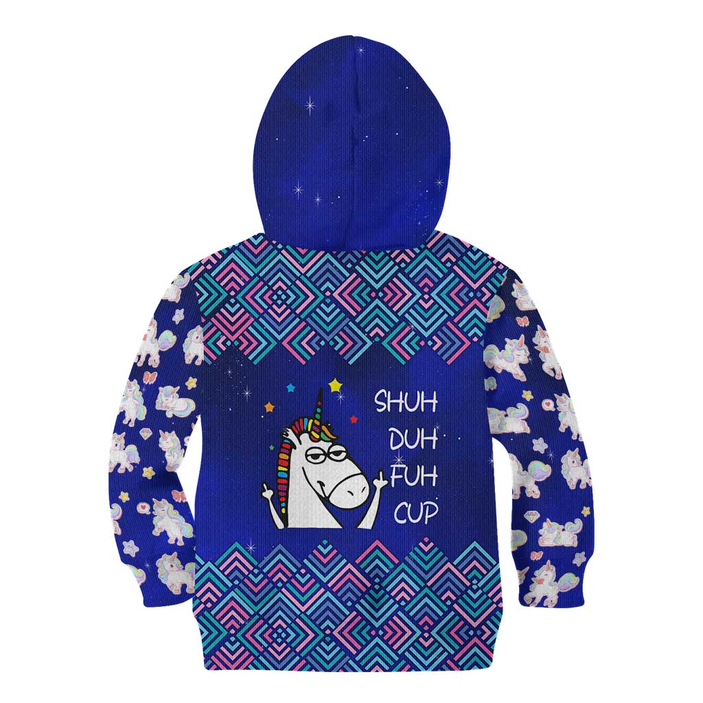 Funny Unicorn Kid Hoodie with Shuh Duh Fuh Cup Quote Blue Geometric and Cartoon - Wonder Print Shop