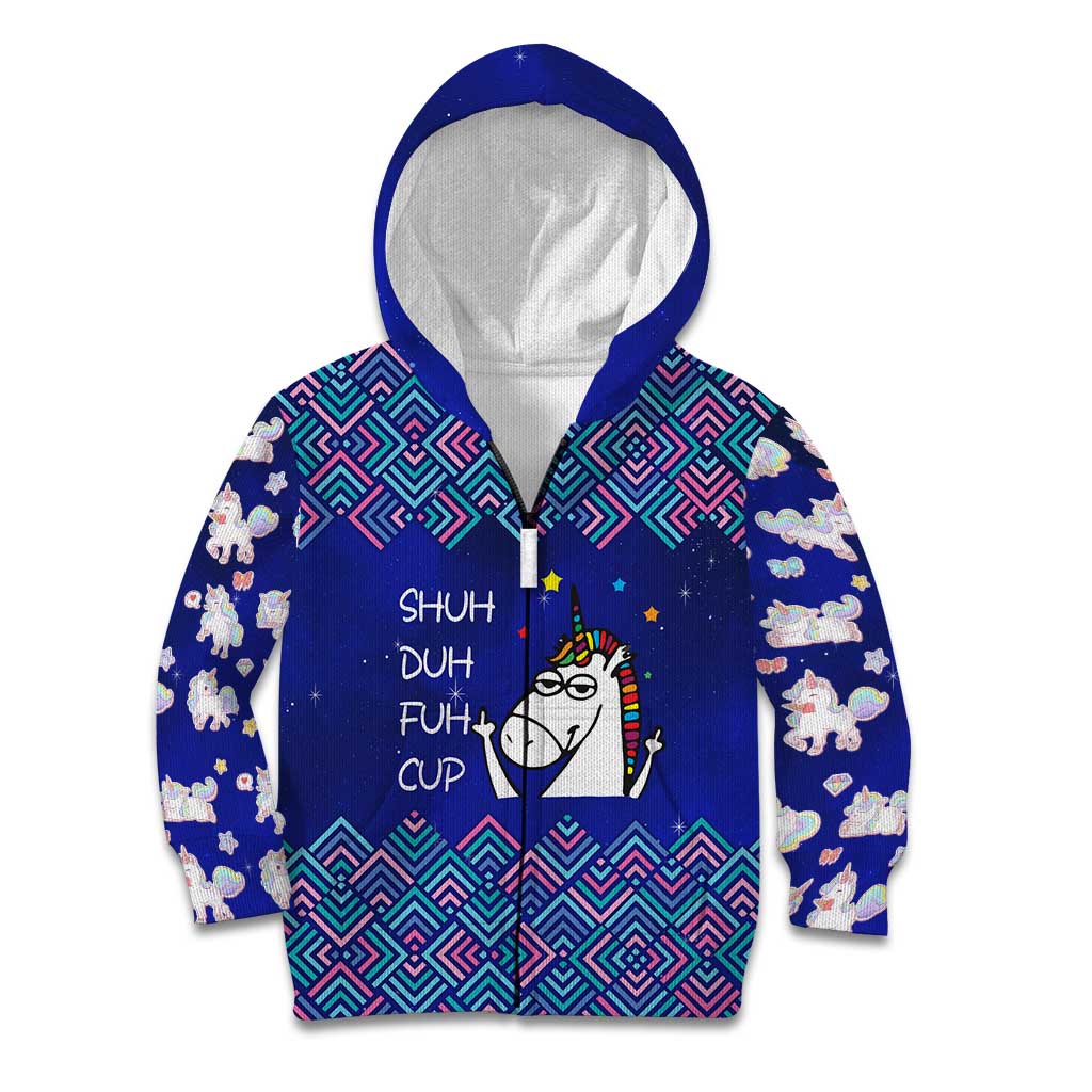 Funny Unicorn Kid Hoodie with Shuh Duh Fuh Cup Quote Blue Geometric and Cartoon - Wonder Print Shop